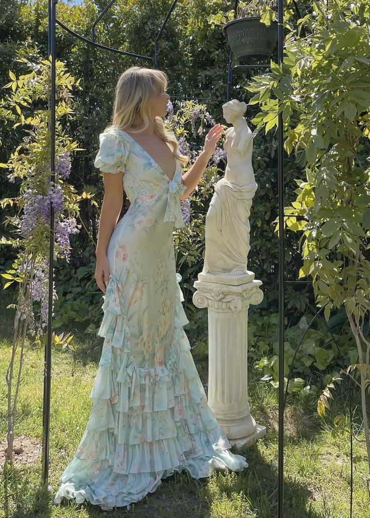 Vestido azul floral con escote en V, sexy, elegante, largo con volantes, para noche, fiesta en el jardín, con vestidos de graduación.